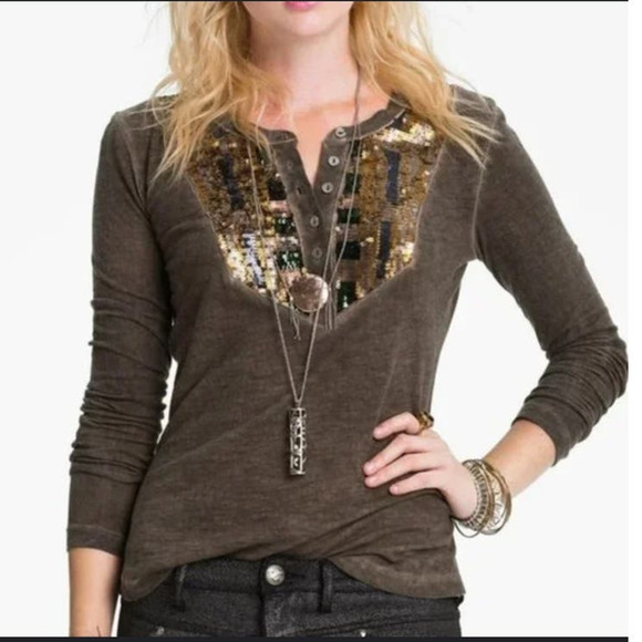 Free people Tiger eyes sequined Henley top S gray brown bling sparkle Gypsy top - Picture 2 of 6